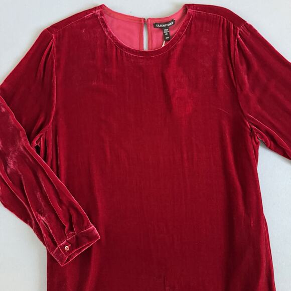NWT Eileen Fisher Ruby Red Velvet Crew Neck Silk Blend Dress - Picture 4 of 6